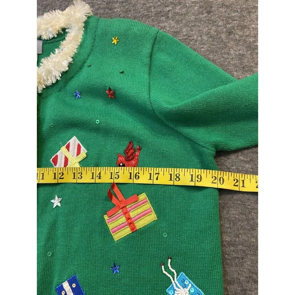 Berek Cardigan Sweater Womens Medium Green Santa Christmas Tree Beaded Ugly - Picture 7 of 11
